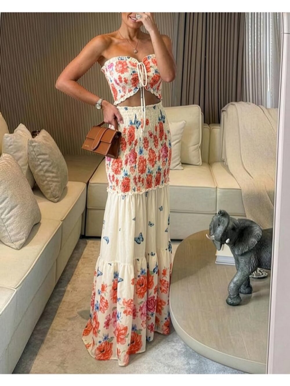 Women's Apricot Sleeveless Slim Floral Halter Tie Ruched Bow Strapless Maxi - Picture 4 of 6